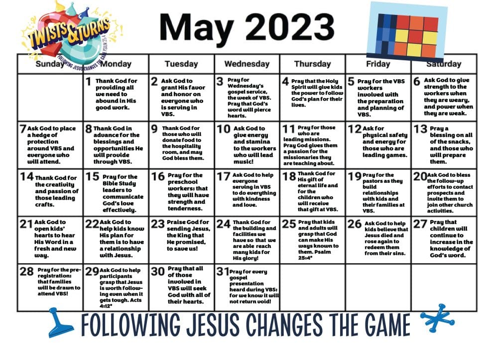 VBS Prayer Calendar First Baptist Church Fort Smith